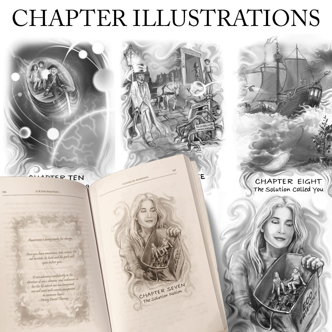 Black and white chapter illustrations