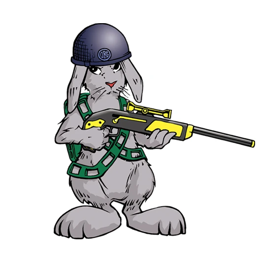 Oggy, a compact gray rabbit wearing a navy helmet and green harness with his black-and-yellow rifle