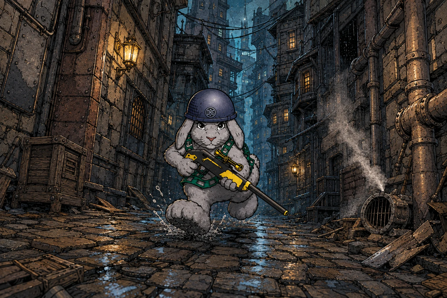 Oggy running through a rain-darkened industrial street in Sorren