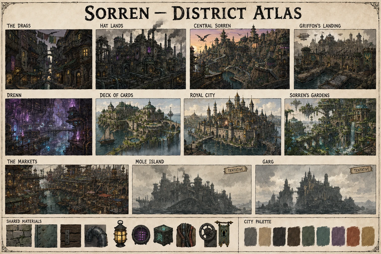 Illustrated atlas of Sorren districts including the Drags, Hat Lands, Central Sorren, Drenn and Royal City