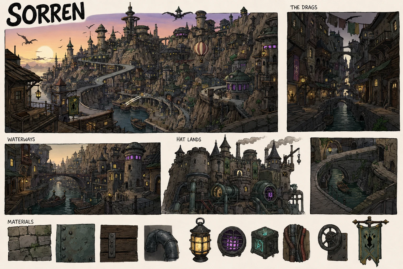 Sorren environment development showing the city, waterways, the Drags, Hat Lands and material studies