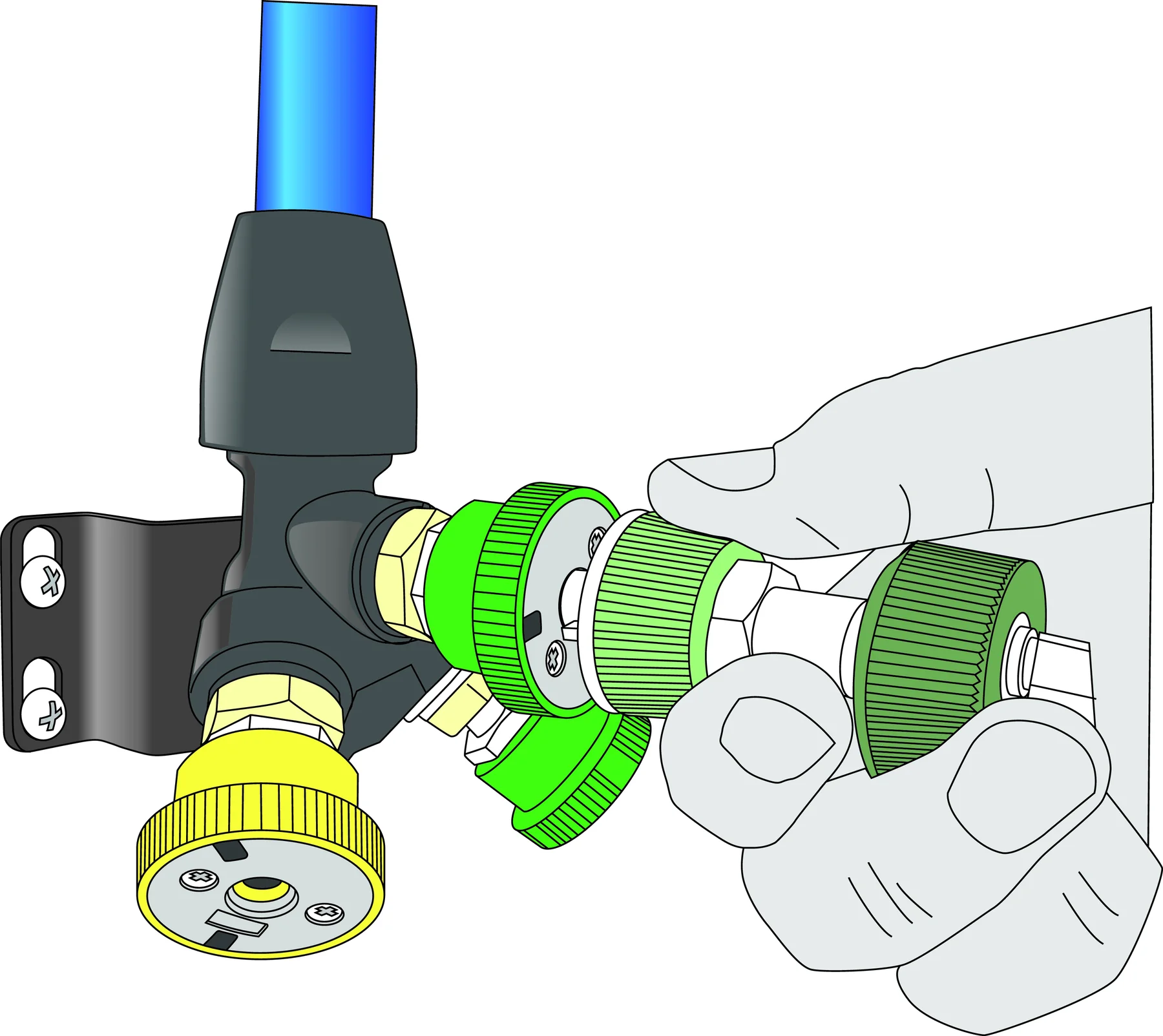 Gloved hand connecting a medical-device fitting