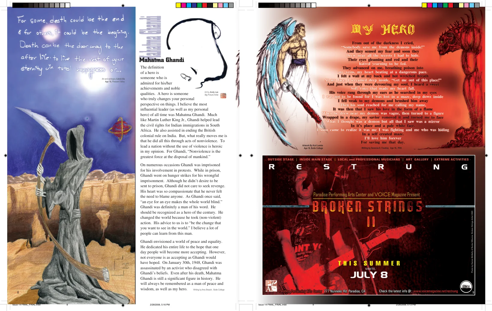 Two-page illustrated contributor spread from the heroes issue of VOICE