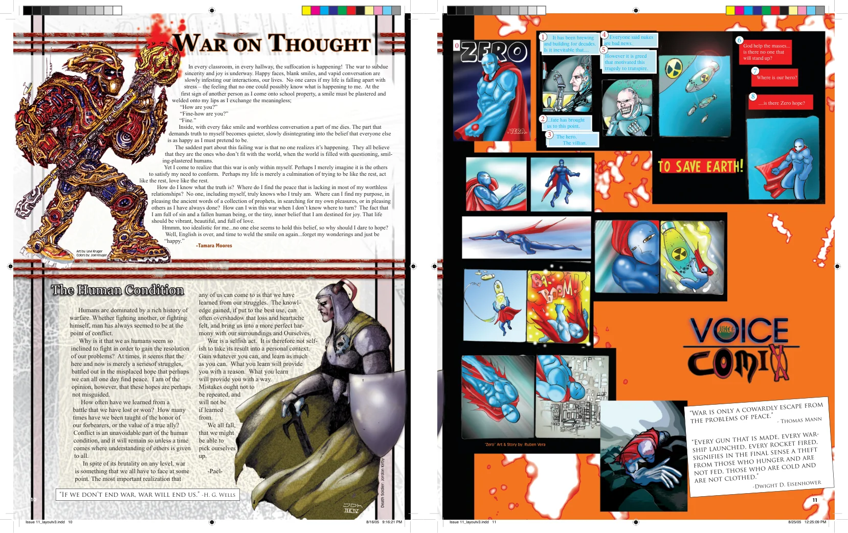 Two-page VOICE spread combining articles and comic artwork