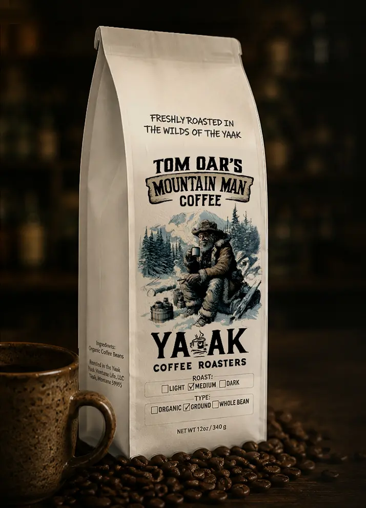 Yaak Roasters label illustration and coffee packaging